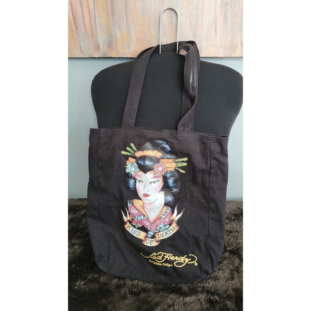 Vintage Y2K Ed Hardy Kiss Of Death Canvas Tote Bag Black Christian Audigier